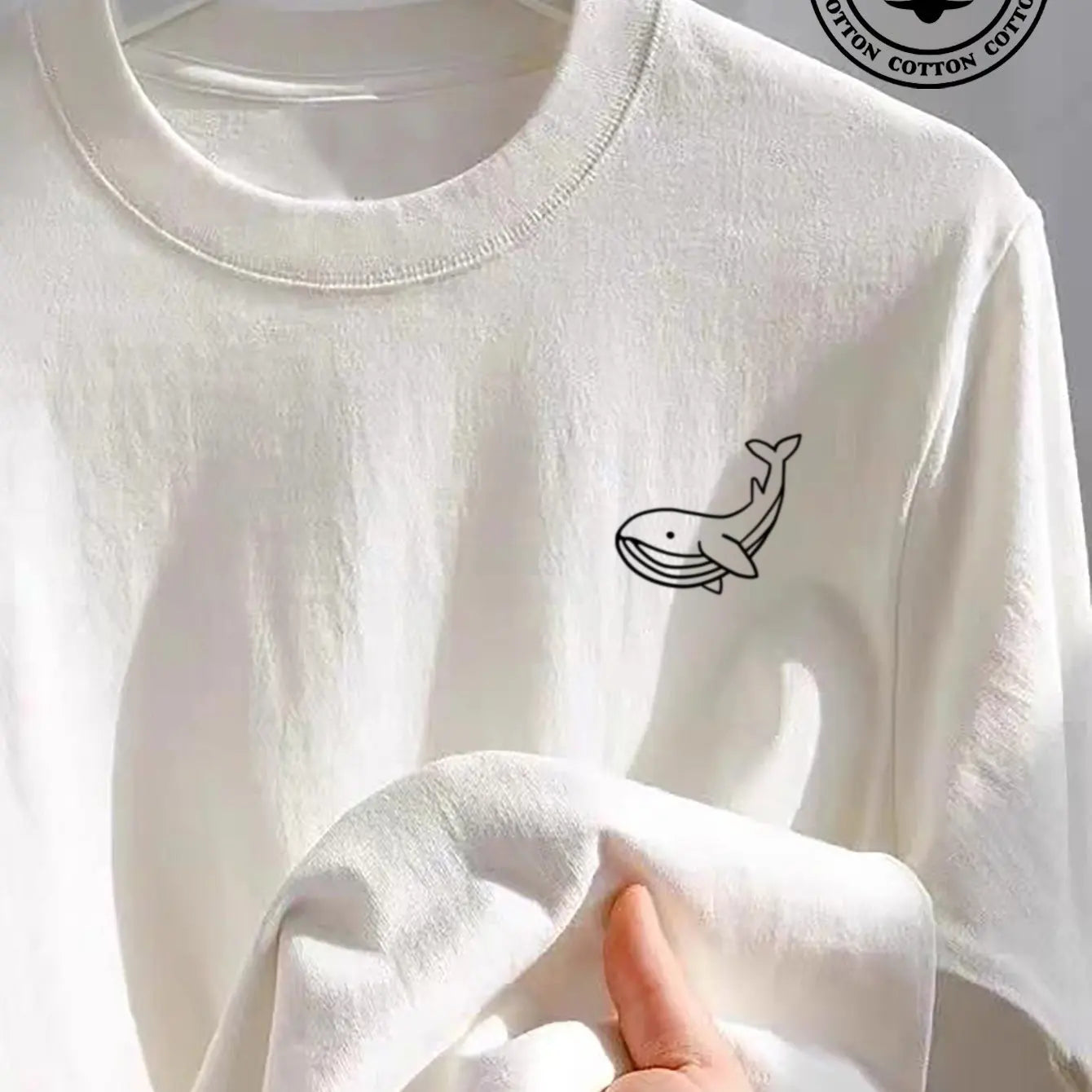 Men's Summer 100 Cotton Fashionable Casual Sports Loose Large Whale Pattern Printed Round Neck Short Sleeve T-shirt Top