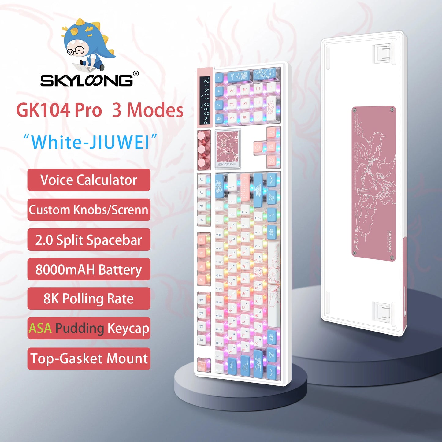SKYLOONG GK104 Pro Mechanical Keyboard Wireless 3-Modes Gaming Keyboard with Knobs/Screen RGB PBT Keycap Hot-swap Silent Switch