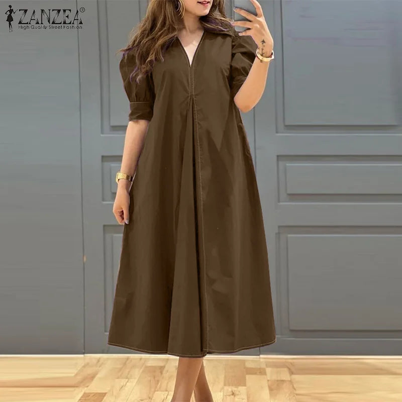 ZANZEA Fashion V-neck Pleated Dresses Women Solid Puff Short Sleeve Midi Dress 2024 Summer Elegant Street Loose Dress Oversized