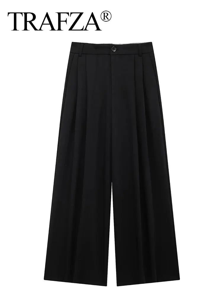 TRAFZA Women Casual Solid Straight Pants 2024 New Fashion Female Loose High Waist Zipper Fly Trousers Vintage Office Lady Pants