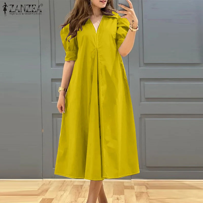 ZANZEA Fashion V-neck Pleated Dresses Women Solid Puff Short Sleeve Midi Dress 2024 Summer Elegant Street Loose Dress Oversized