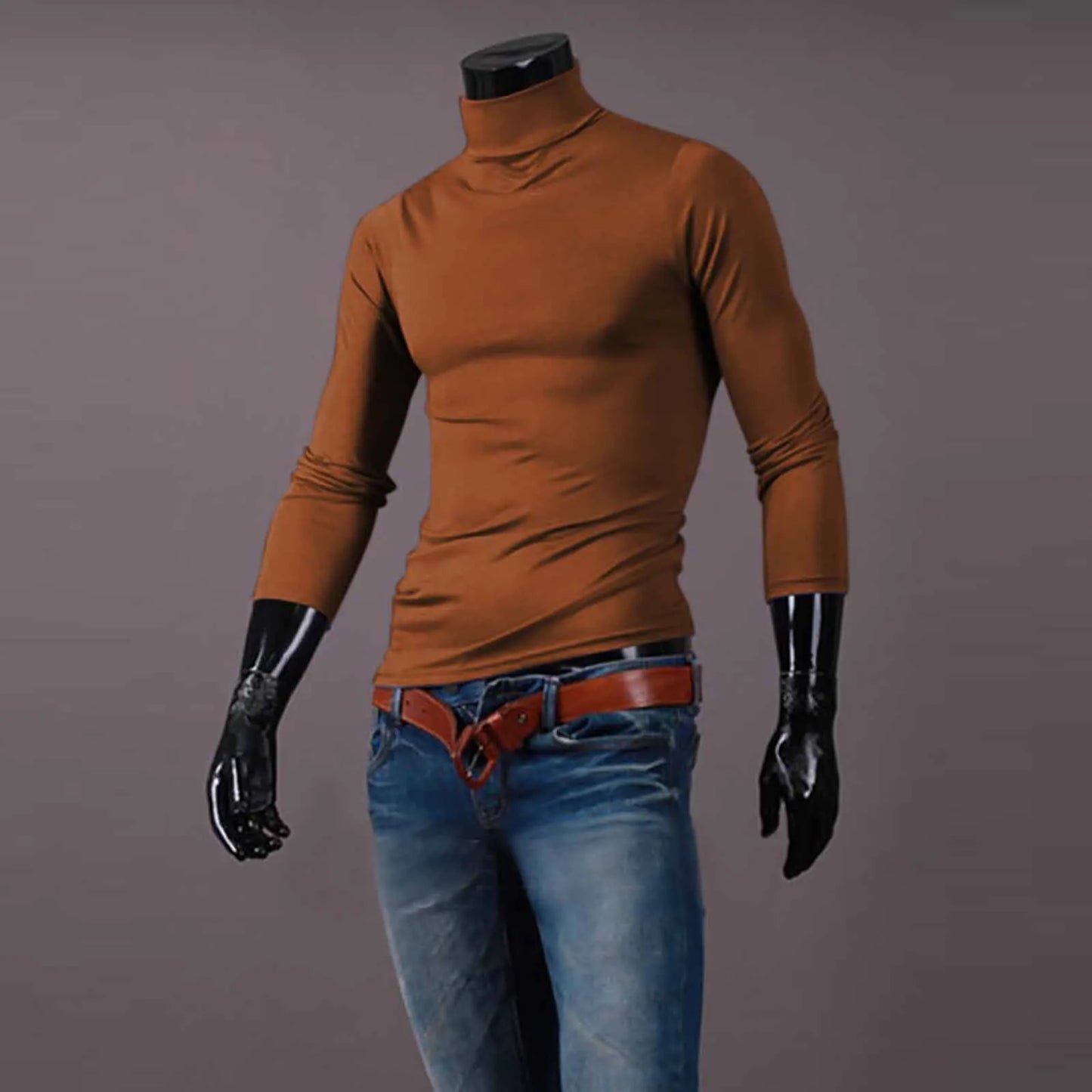 Autumn Winter Fashion Pullover Men's High Neck T-shirt Solid Colors Slim Fit Long Sleeve Cotton Breathable Casual Style