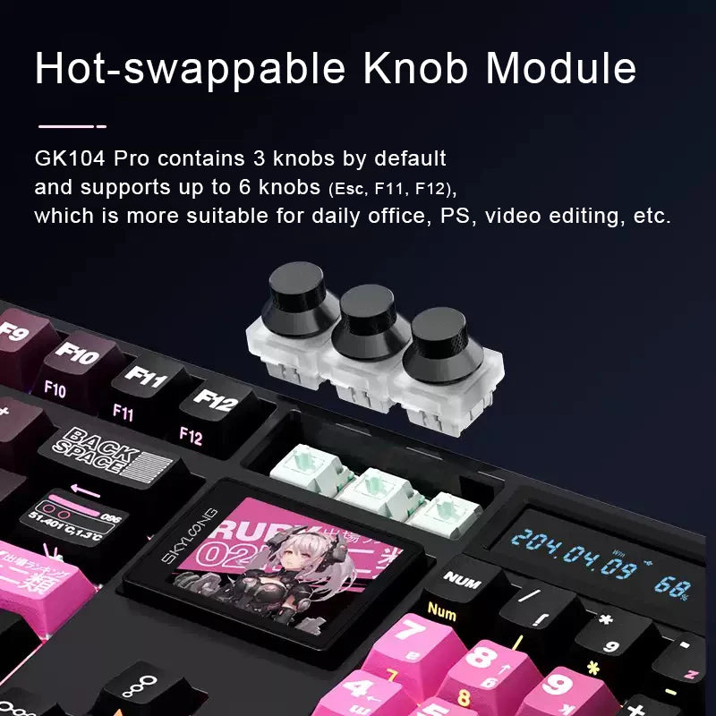 SKYLOONG GK104 Pro Mechanical Keyboard Wireless 3-Modes Gaming Keyboard with Knobs/Screen RGB PBT Keycap Hot-swap Silent Switch