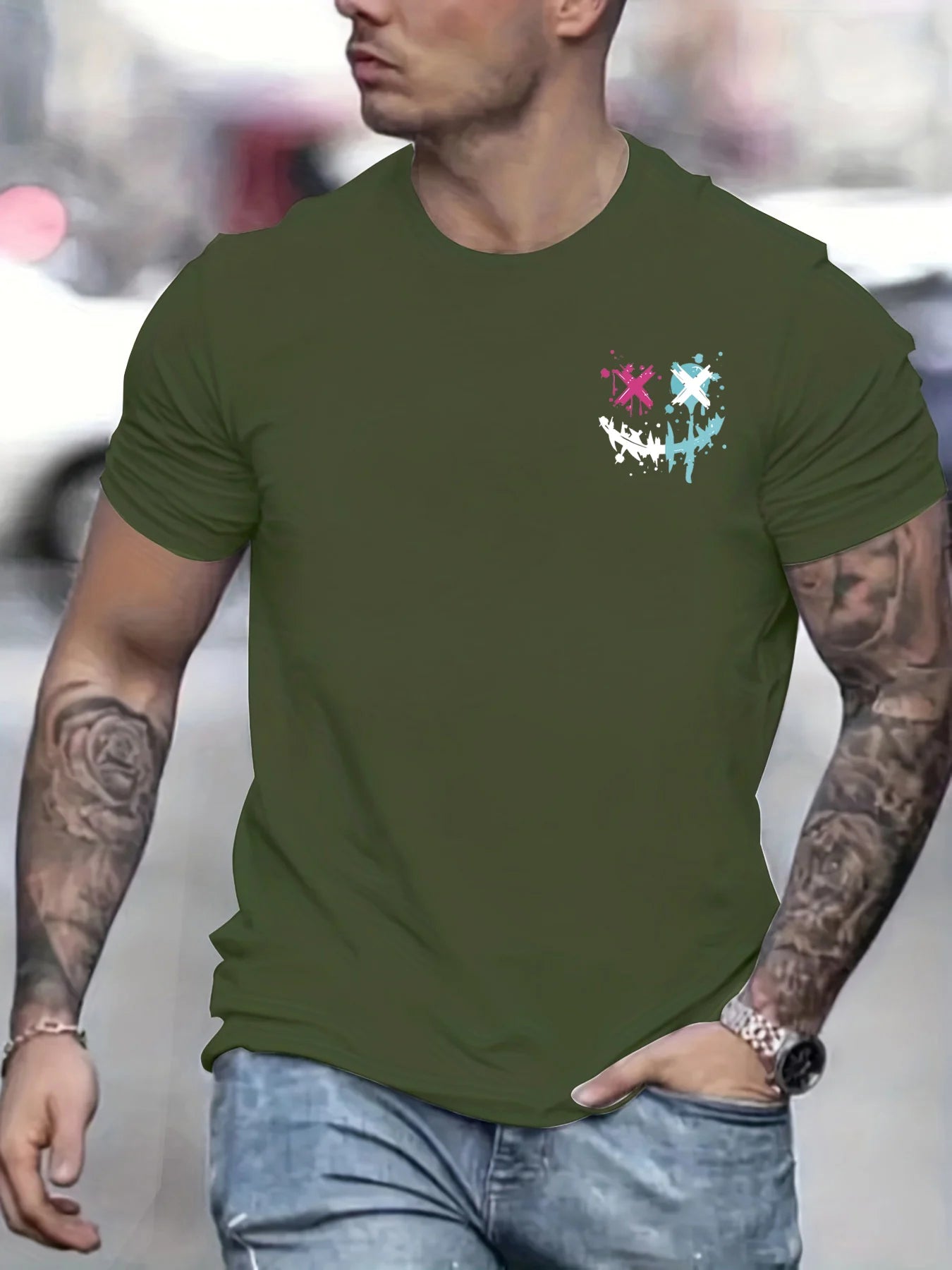 Men's summer 100 cotton fashionable casual sports loose smiling face pattern printed round neck short sleeved T-shirt top