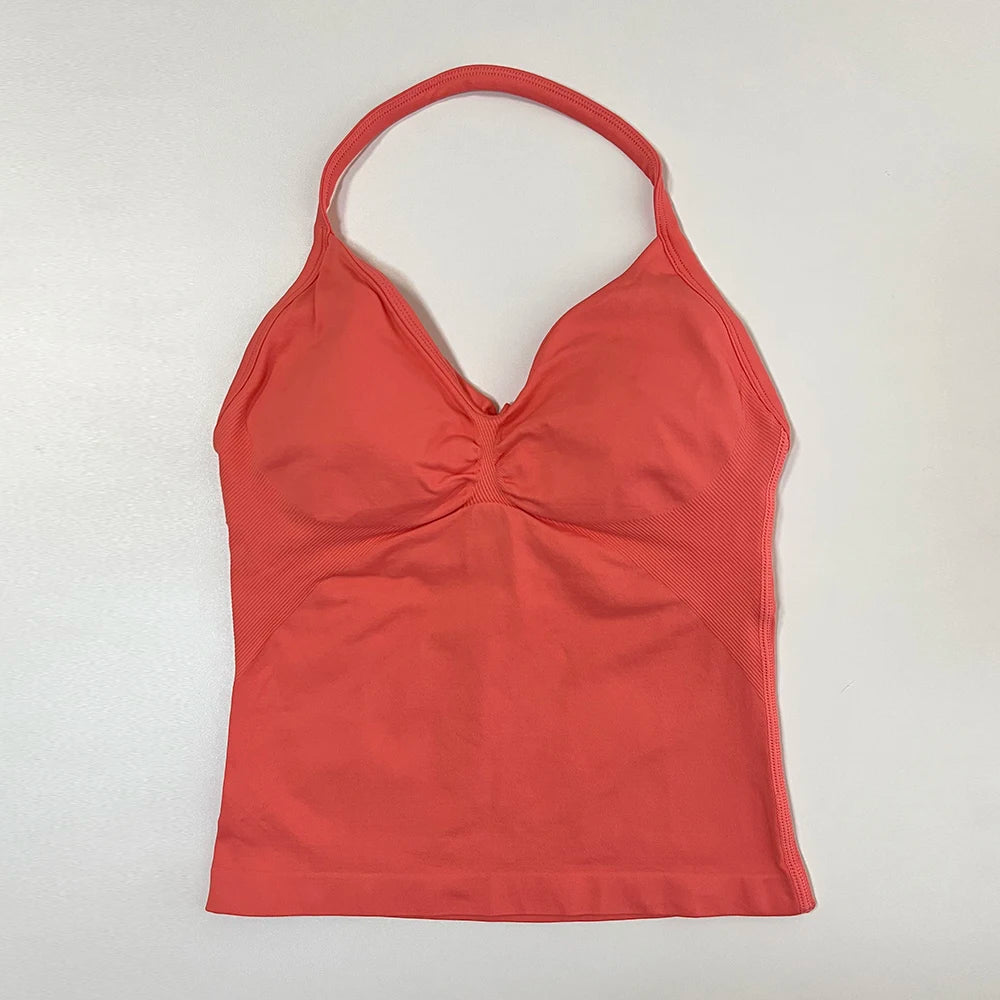Longline Strappy Gym Top Women Sports Vest Backless Yoga Shirt Scrunch Built in Bra With Cups Halter Fitness Workout Tank Top