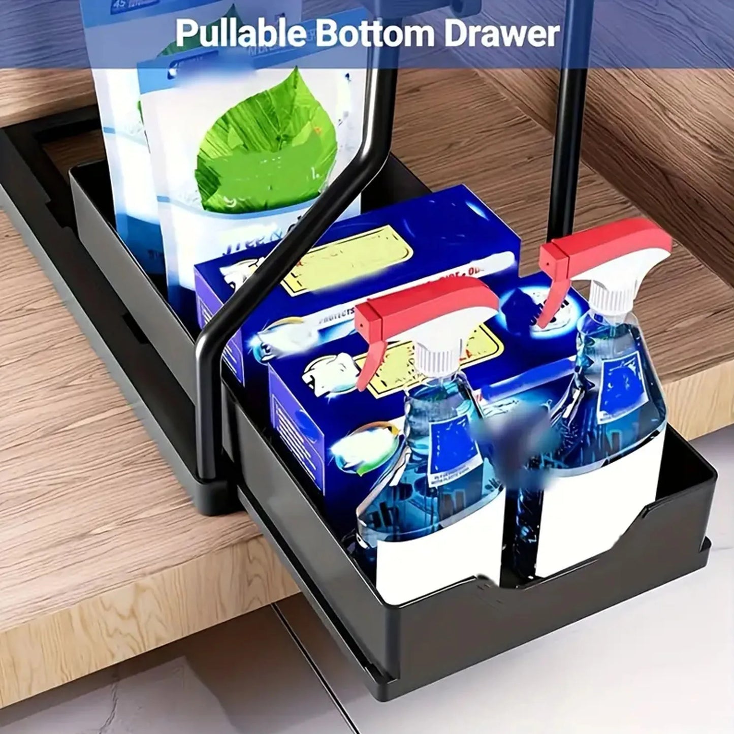 1 Piece of Double-Layer Pull-Out Storage Rack for Kitchen Desk and Bathroom under Sink Storage Rack, Multi-Functional R-Shaped Push-Pull Cabinet Storage Rack, Multi-Functional Desktop Bathroom Storage Drawer Organization and