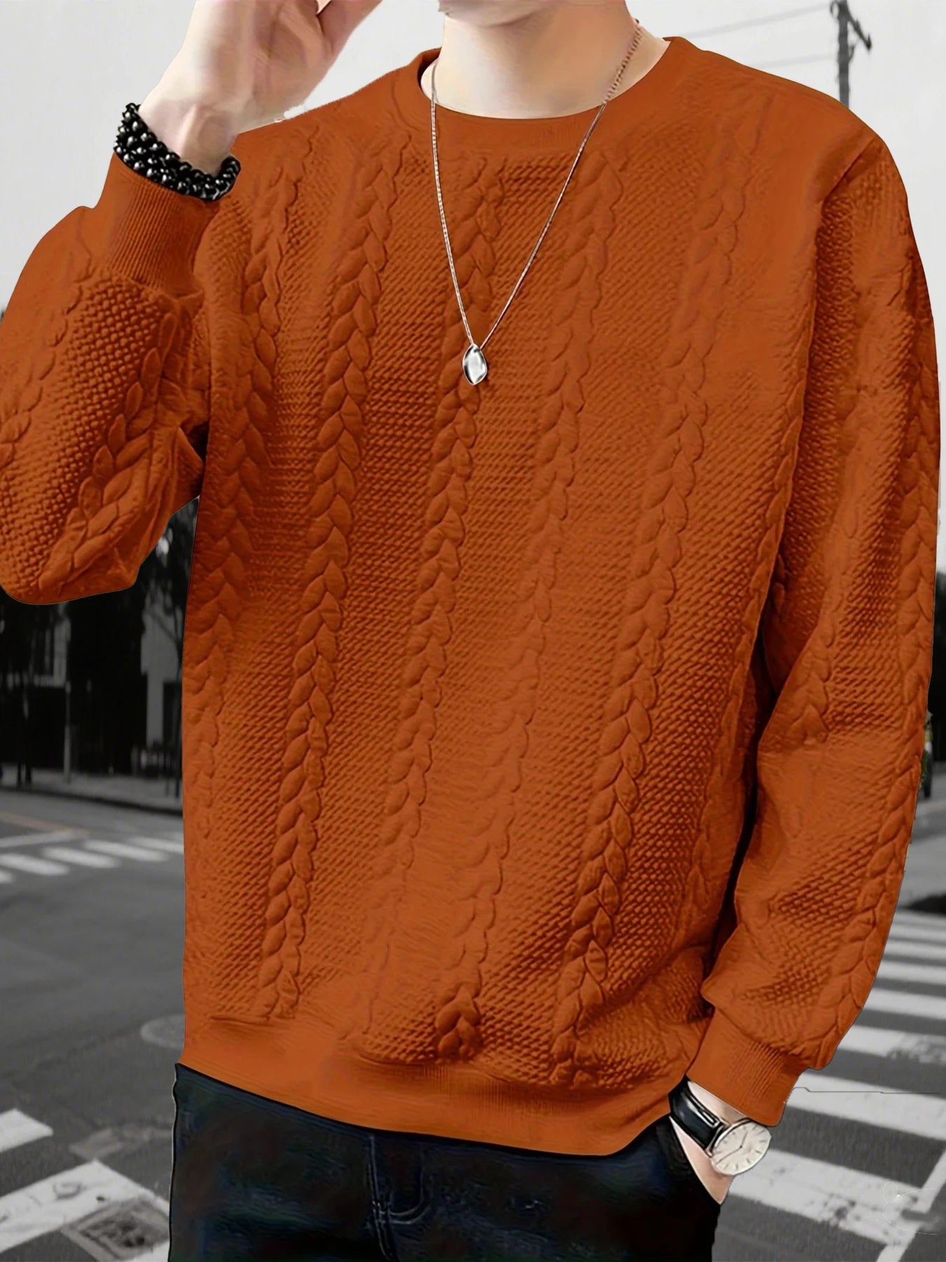 Autumn men's new round neck jacquard checkered high-end boutique fashion long sleeved polo shirt casual solid color warm T-shirt