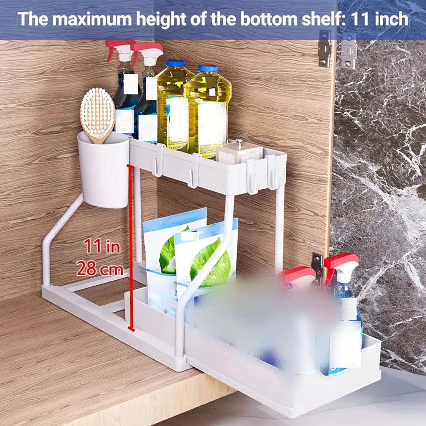 1 Piece of Double-Layer Pull-Out Storage Rack for Kitchen Desk and Bathroom under Sink Storage Rack, Multi-Functional R-Shaped Push-Pull Cabinet Storage Rack, Multi-Functional Desktop Bathroom Storage Drawer Organization and