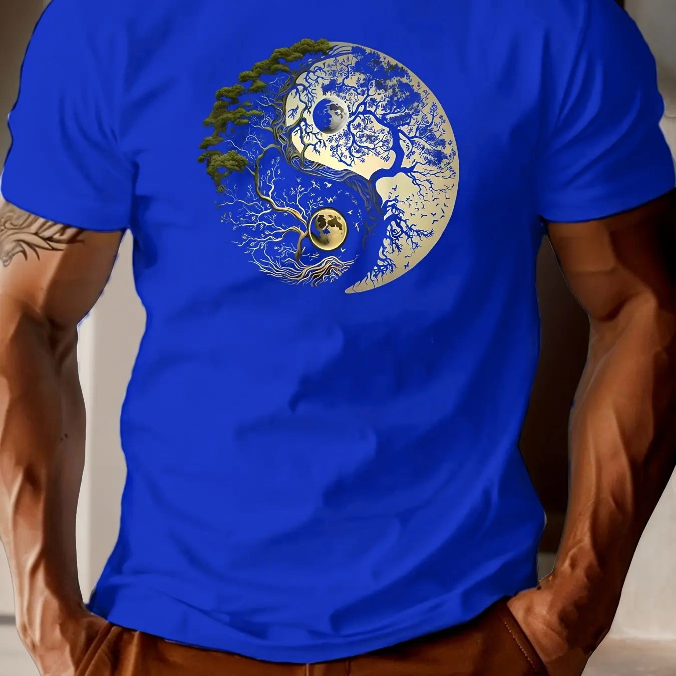 Men's summer 100% pure cotton fashionable casual loose sports yin-yang tree pattern print round neck short sleeved T-shirt top