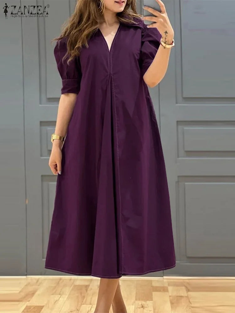 ZANZEA Fashion V-neck Pleated Dresses Women Solid Puff Short Sleeve Midi Dress 2024 Summer Elegant Street Loose Dress Oversized