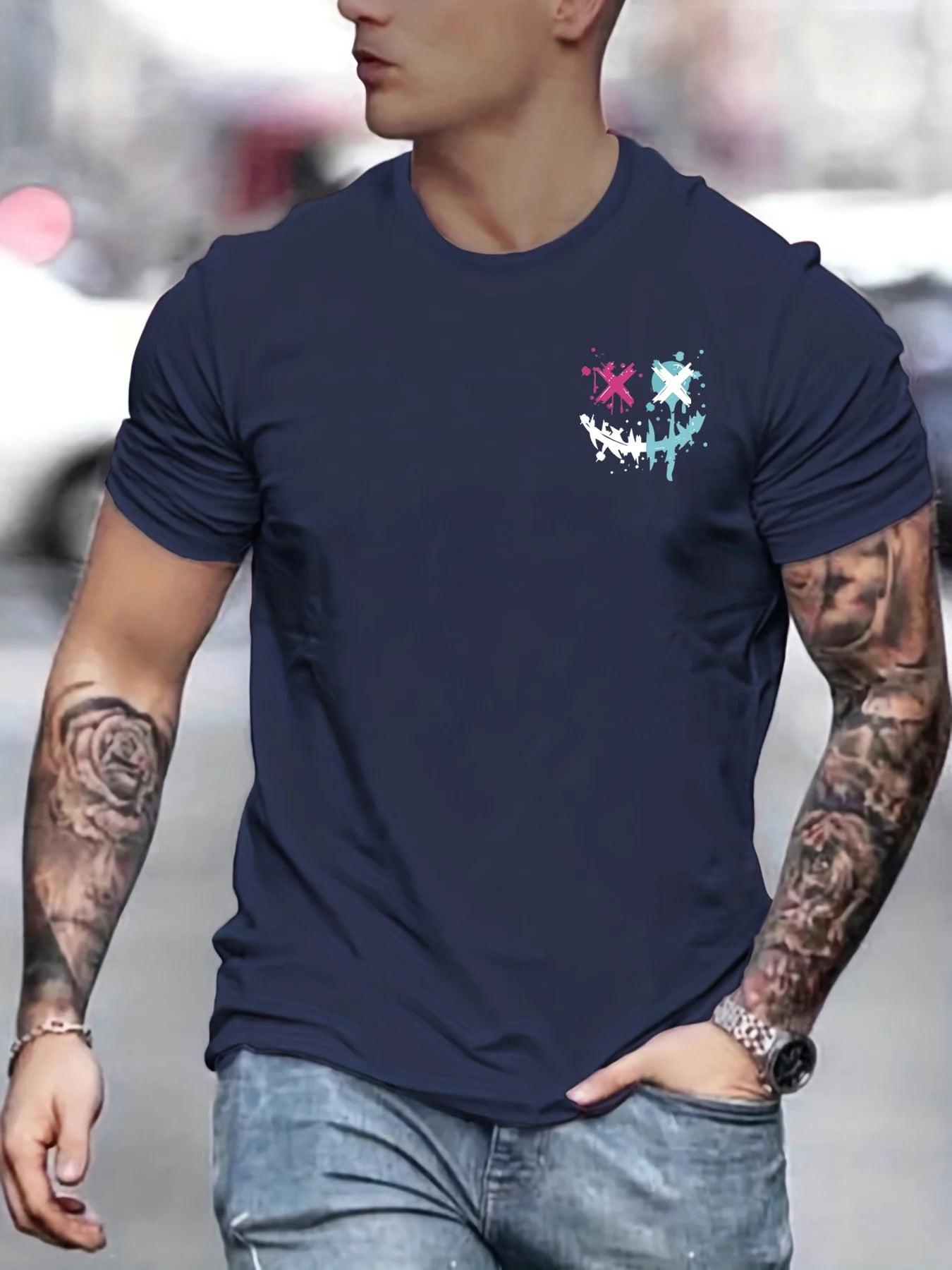 Men's summer 100 cotton fashionable casual sports loose smiling face pattern printed round neck short sleeved T-shirt top