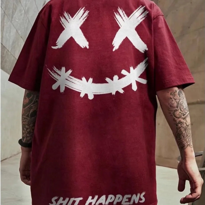 8XL Loose Fitting Fashionable Trendy American Smiling Expression Print T-shirt Comfortable Casual Men's Versatile Couple Outfit