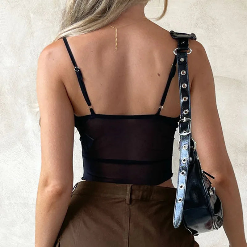 Women Mesh Camis Corset New Sleeveless Summer Sexy Bandage V-Neck Black Crop Top Streetwear Fashion Backless Basic Cropped Tops