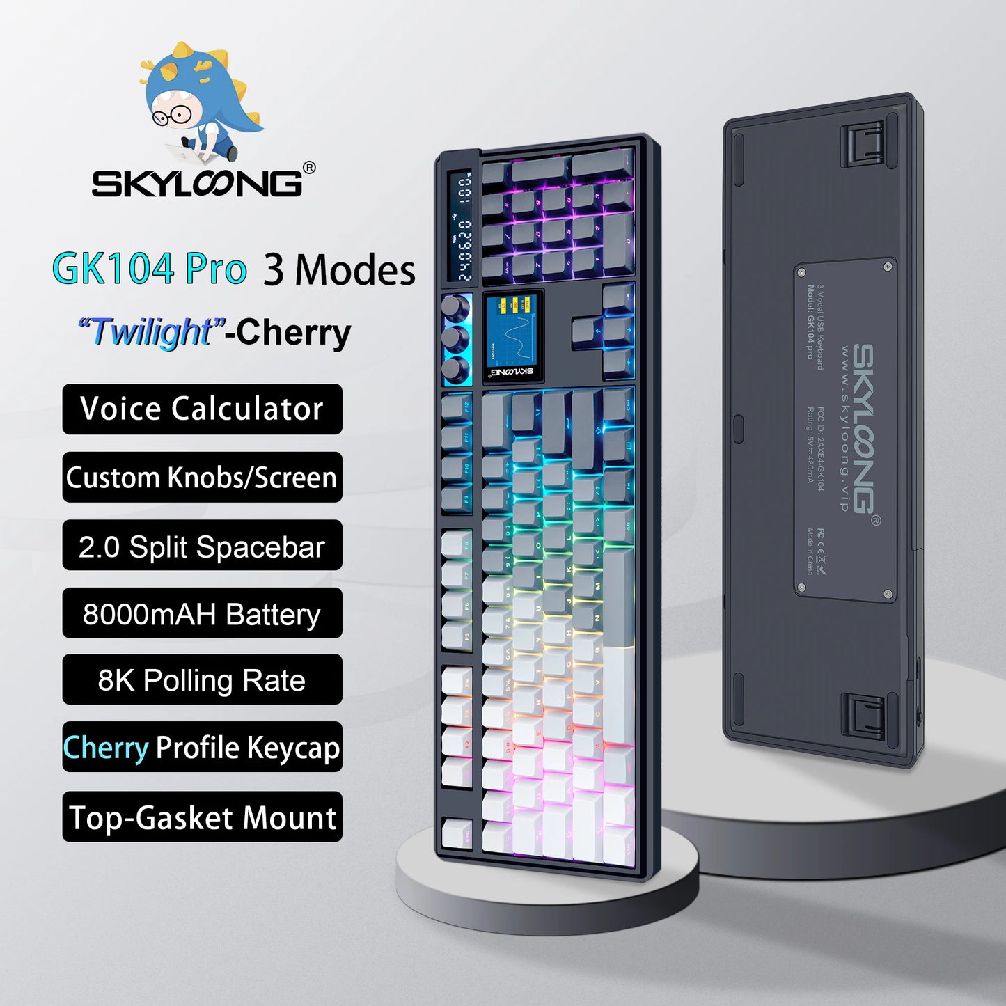 SKYLOONG GK104 Pro Mechanical Keyboard Wireless 3-Modes Gaming Keyboard with Knobs/Screen RGB PBT Keycap Hot-swap Silent Switch
