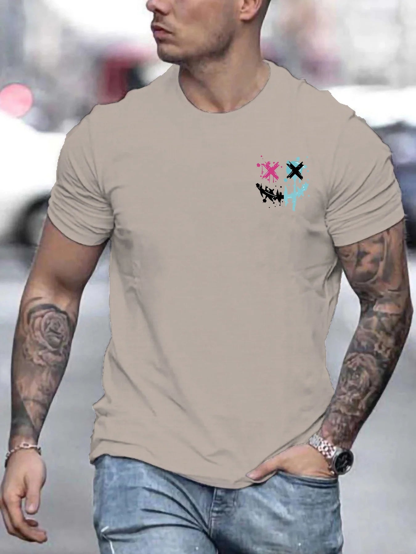 Men's summer 100 cotton fashionable casual sports loose smiling face pattern printed round neck short sleeved T-shirt top