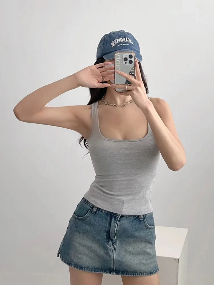 Women's Slim Fit Square Neck Tank Top Solid Color Summer Casual Fashion Short Sleeve T-Shirt Sculpted