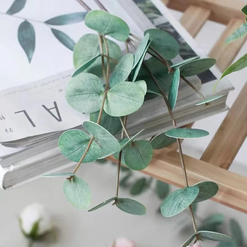 5Pc 3D Feel Latex Film Eucalyptus Leaf 3 Forks Artificial Green Plants Wedding Flower Arrangement Bouquet Luxury Home Decoration