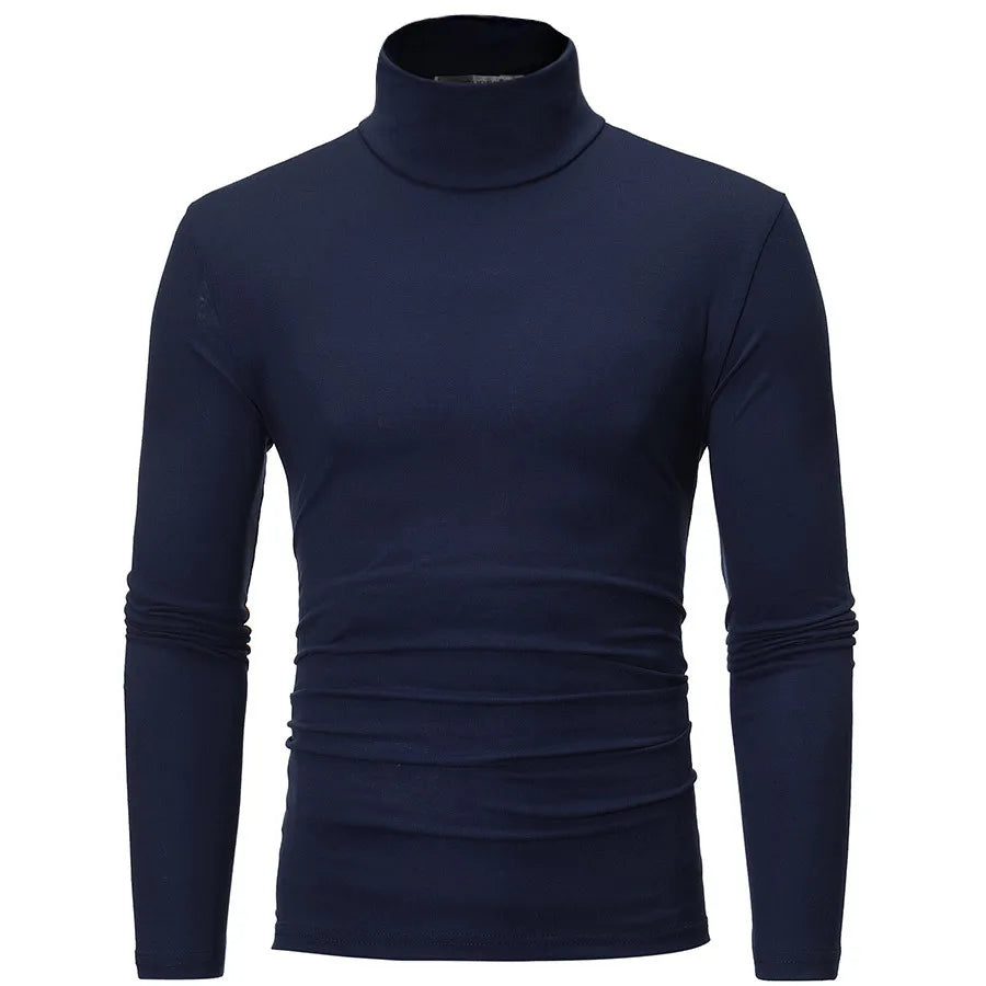 Autumn Winter Fashion Pullover Men's High Neck T-shirt Solid Colors Slim Fit Long Sleeve Cotton Breathable Casual Style