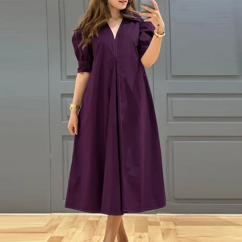 ZANZEA Fashion V-neck Pleated Dresses Women Solid Puff Short Sleeve Midi Dress 2024 Summer Elegant Street Loose Dress Oversized