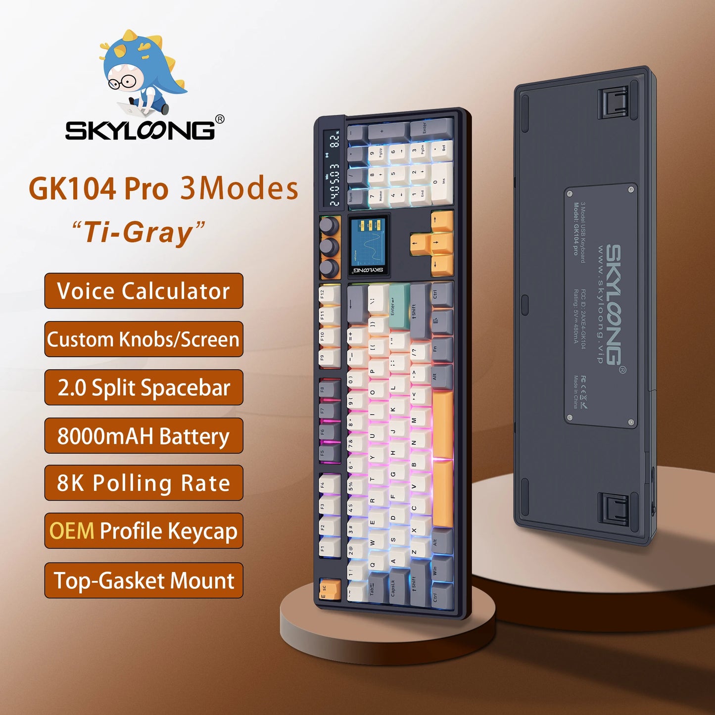 SKYLOONG GK104 Pro Mechanical Keyboard Wireless 3-Modes Gaming Keyboard with Knobs/Screen RGB PBT Keycap Hot-swap Silent Switch