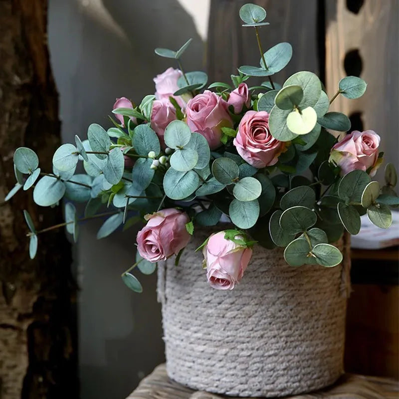 5Pc 3D Feel Latex Film Eucalyptus Leaf 3 Forks Artificial Green Plants Wedding Flower Arrangement Bouquet Luxury Home Decoration