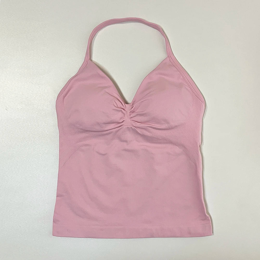 Longline Strappy Gym Top Women Sports Vest Backless Yoga Shirt Scrunch Built in Bra With Cups Halter Fitness Workout Tank Top