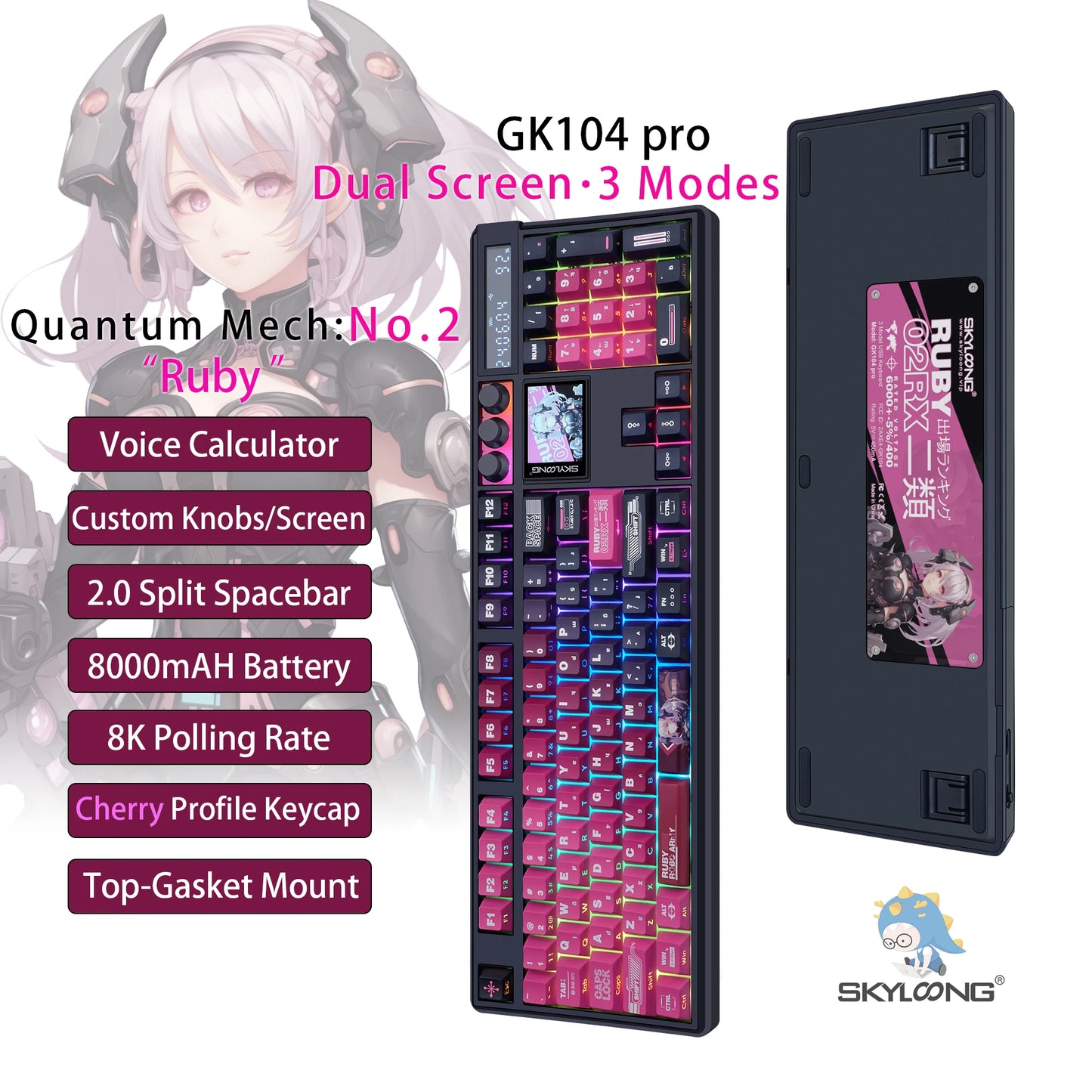 SKYLOONG GK104 Pro Mechanical Keyboard Wireless 3-Modes Gaming Keyboard with Knobs/Screen RGB PBT Keycap Hot-swap Silent Switch