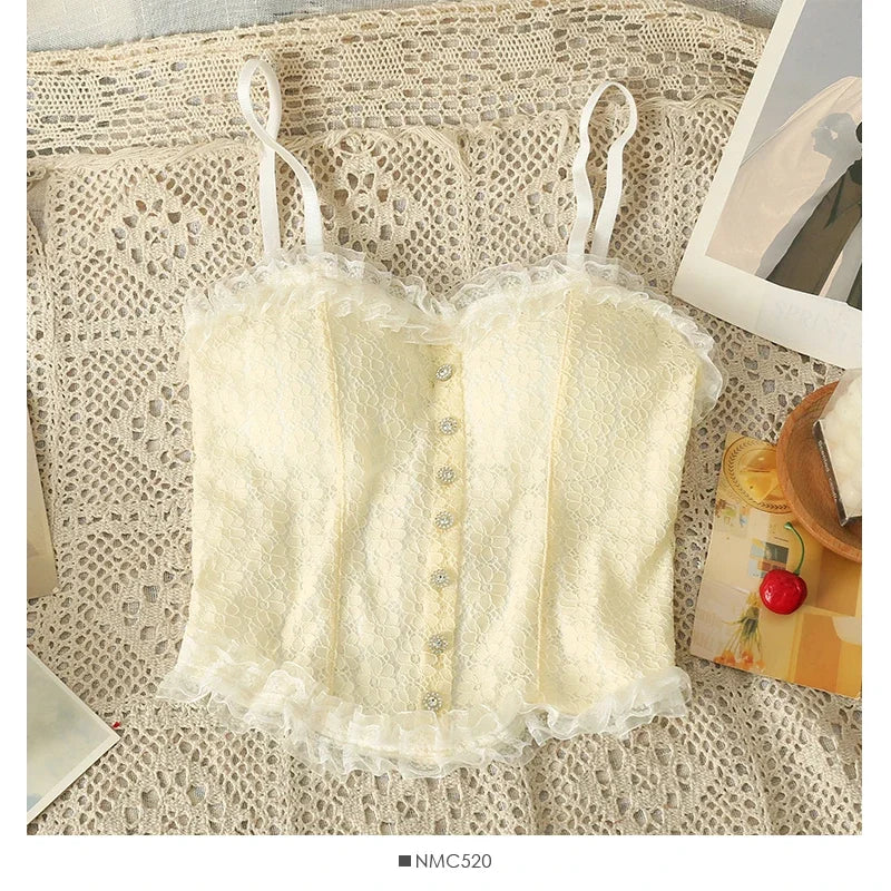 Women Sexy Lace Tank Top Sweet Off Shoulder Button Tube Top With Bra Pad Elastic Pleated Backless Camisole Y2K Fashion New