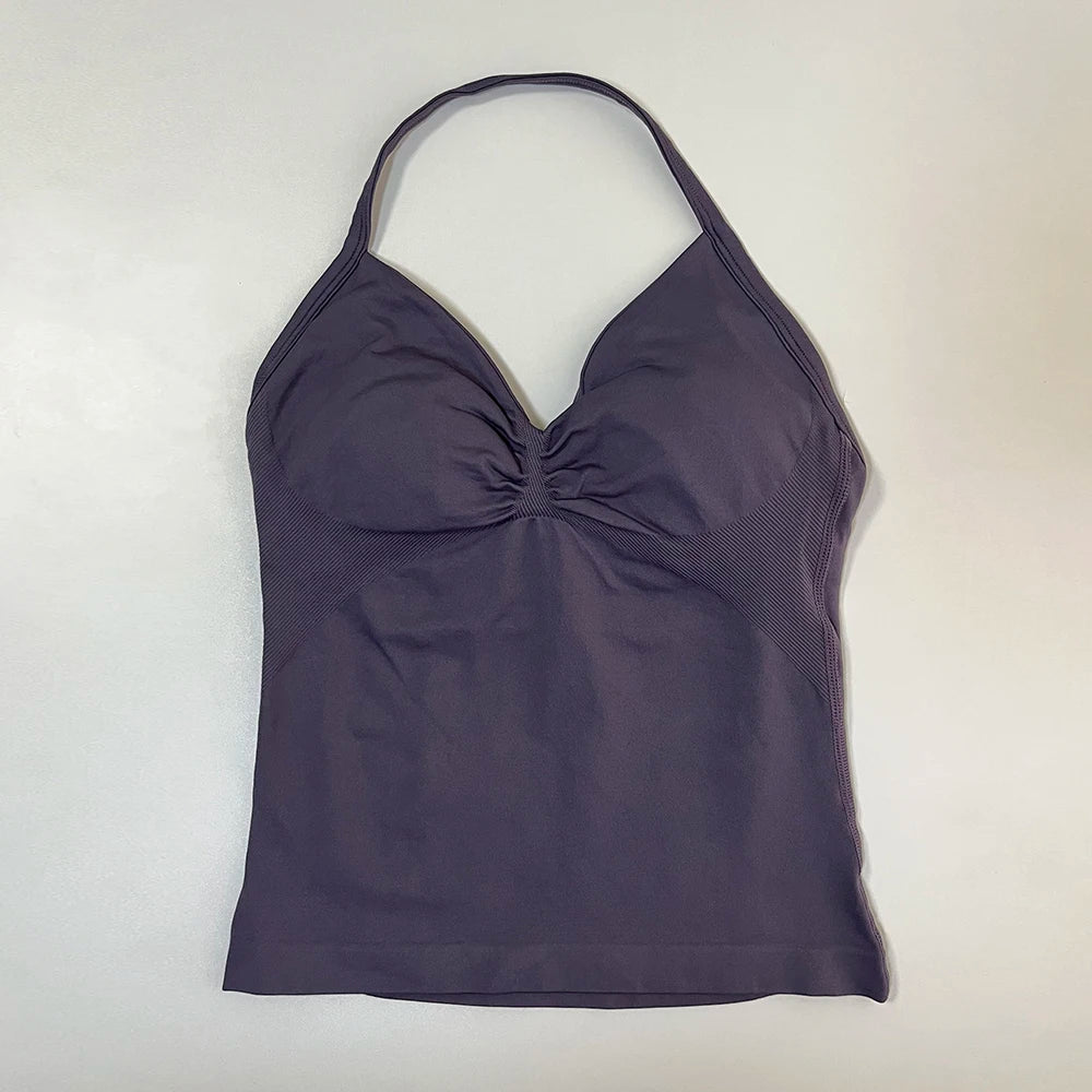 Longline Strappy Gym Top Women Sports Vest Backless Yoga Shirt Scrunch Built in Bra With Cups Halter Fitness Workout Tank Top