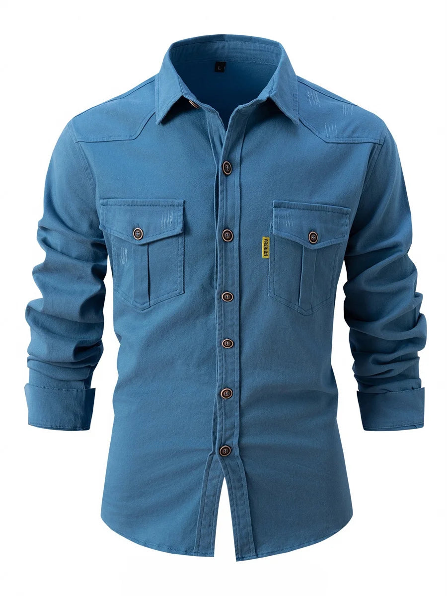 Men's autumn and winter new elastic washed cotton and linen long-sleeved shirt European size casual business lapel fashion tops