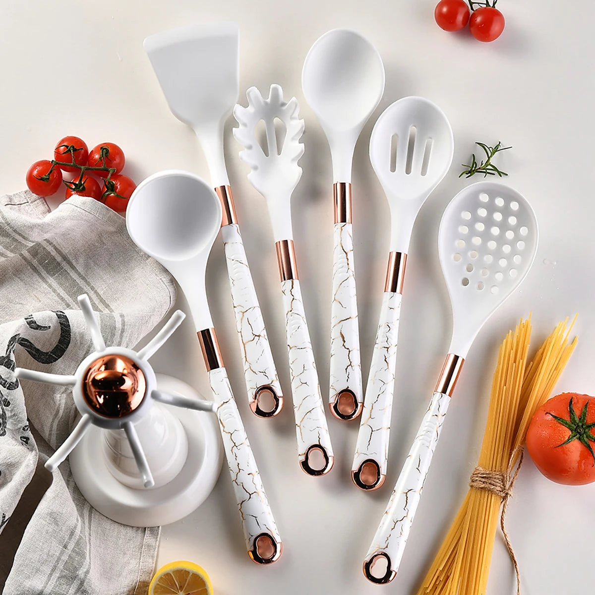 8pcs Silicone Kitchenware Set Pot Shovel Soup Spoon Spaghetti Claw Cooking Set with Storage Rack Household Kitchen Tools Set