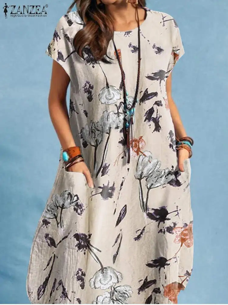 ZANZEA Women Summer Dress Bohemian Floral Print Vestido O-Neck Short Sleeve Pockets Sundress Fashion Casual Elegant Holiday Robe