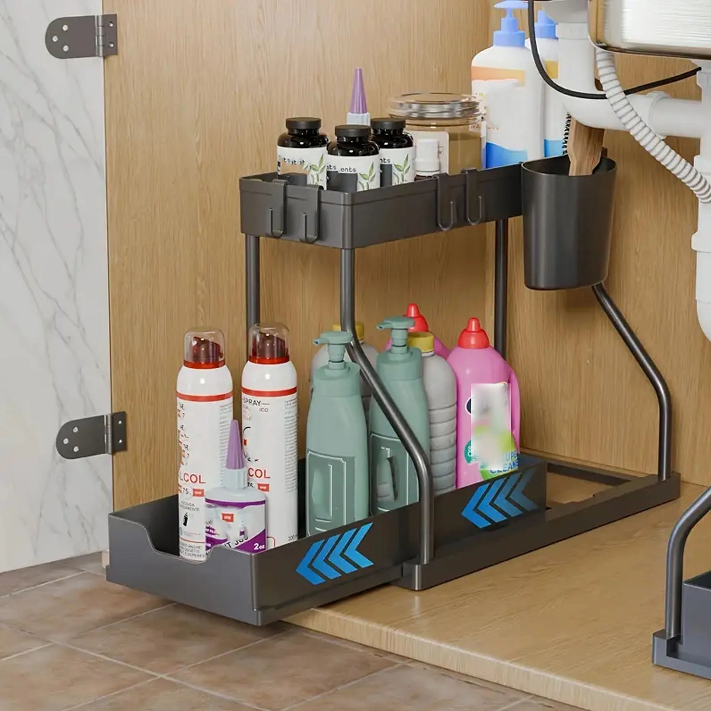 1 Piece of Double-Layer Pull-Out Storage Rack for Kitchen Desk and Bathroom under Sink Storage Rack, Multi-Functional R-Shaped Push-Pull Cabinet Storage Rack, Multi-Functional Desktop Bathroom Storage Drawer Organization and
