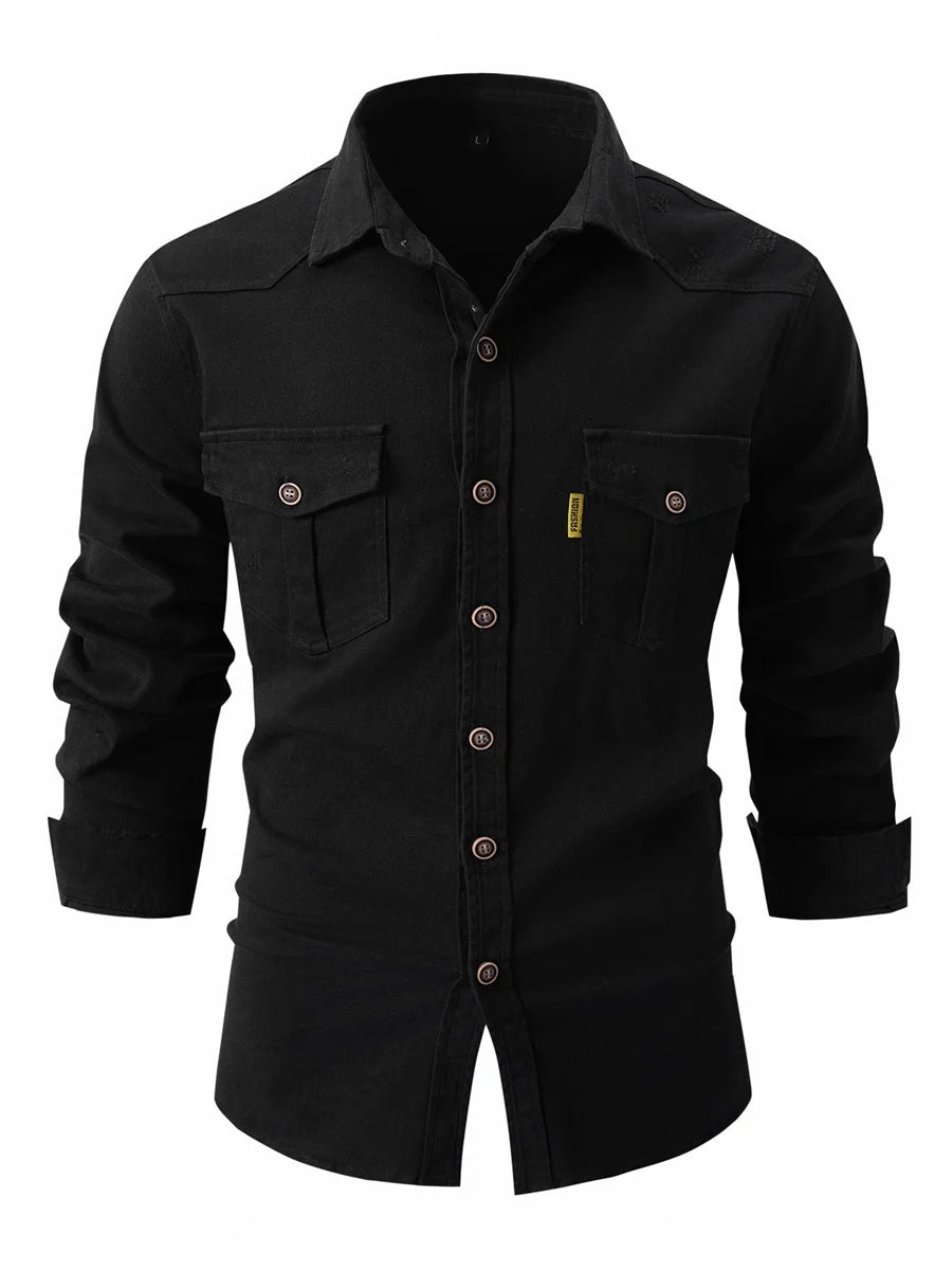 Men's autumn and winter new elastic washed cotton and linen long-sleeved shirt European size casual business lapel fashion tops