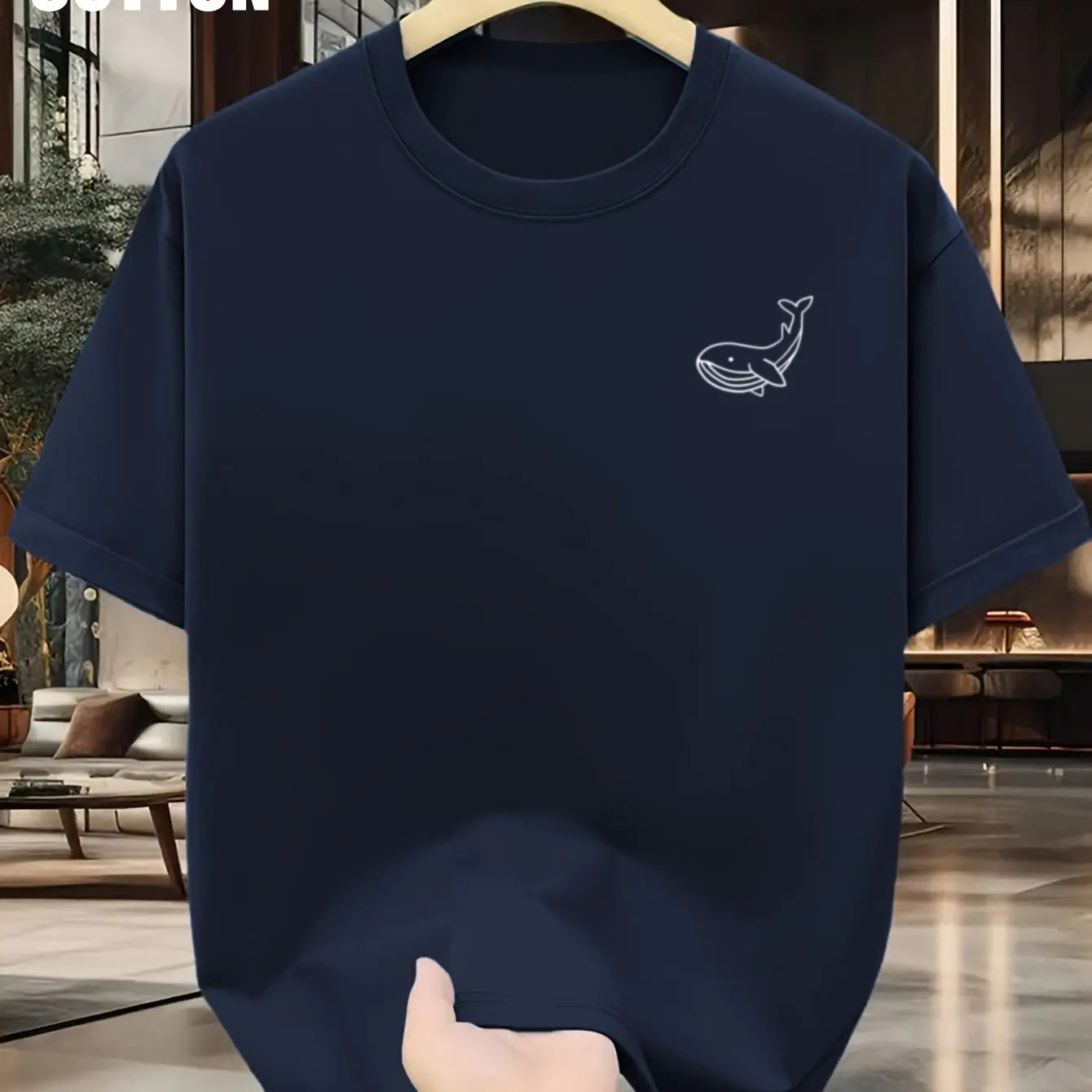 Men's Summer 100 Cotton Fashionable Casual Sports Loose Large Whale Pattern Printed Round Neck Short Sleeve T-shirt Top