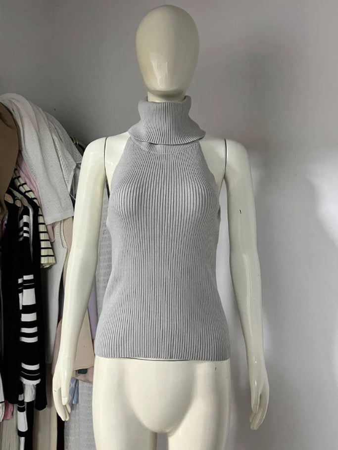 Trendix Knit Tank Top Sets For Women Fashion High Neck Vest And Long Sleeve Shawl 2 Piece Suits Sexy Backless Knitwear Top Femme