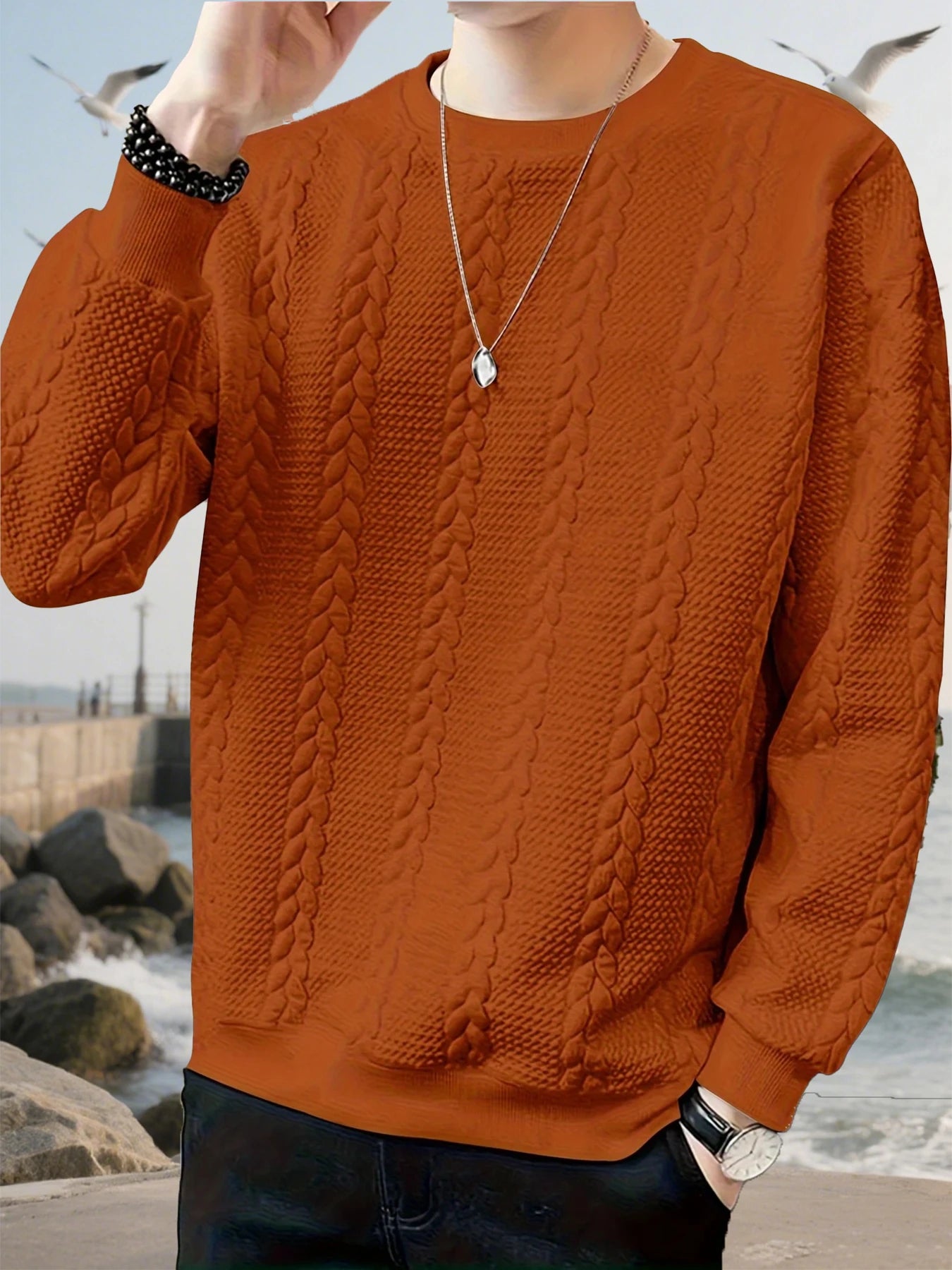 Autumn men's new round neck jacquard checkered high-end boutique fashion long sleeved polo shirt casual solid color warm T-shirt