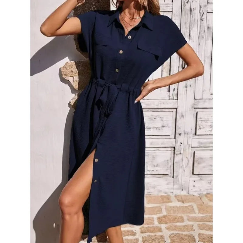 New Dresses 2025 Woman Fashion Summer Comfortable shirt collar Waist Skirt Ladies Clothing