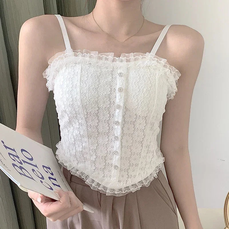 Women Sexy Lace Tank Top Sweet Off Shoulder Button Tube Top With Bra Pad Elastic Pleated Backless Camisole Y2K Fashion New