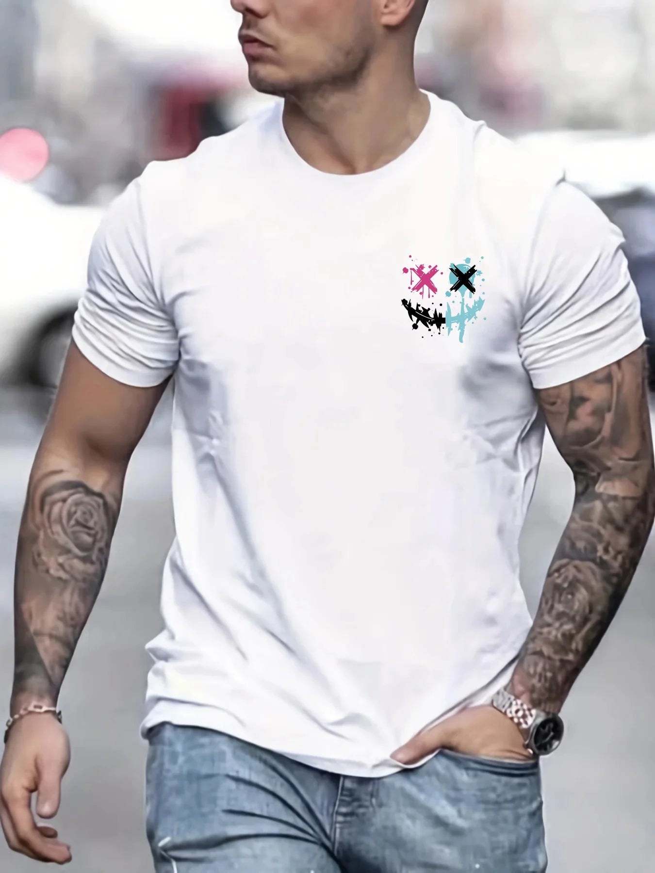 Men's summer 100 cotton fashionable casual sports loose smiling face pattern printed round neck short sleeved T-shirt top