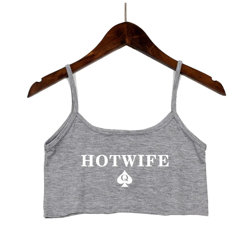 Fashion Women's Sexy Elastic Cotton Camis HOT WIFE Letters Print Female Sexy Crop Top Sleeveless Short Girls Tank Top Bar Women