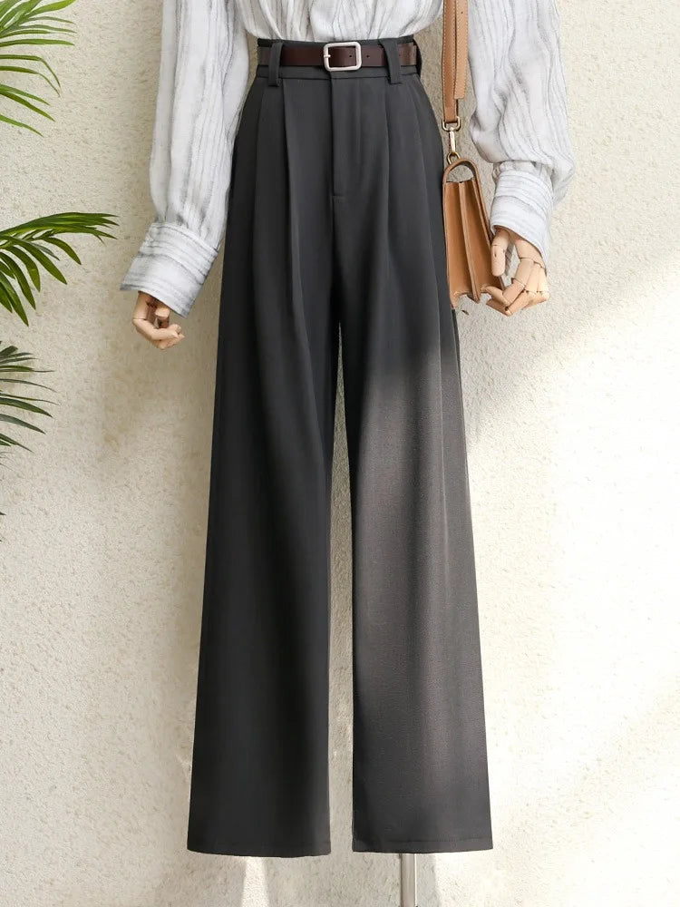 Spring 2025 New Burgundy Suits Pants for Women Office Lady Elegant High Waist Wide Leg Fashion Trousers with Pockets Black Gray