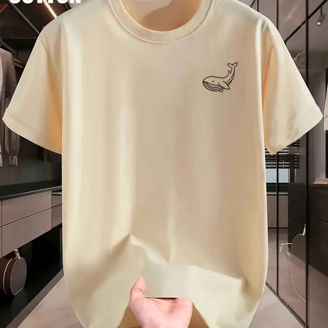 Men's Summer 100 Cotton Fashionable Casual Sports Loose Large Whale Pattern Printed Round Neck Short Sleeve T-shirt Top