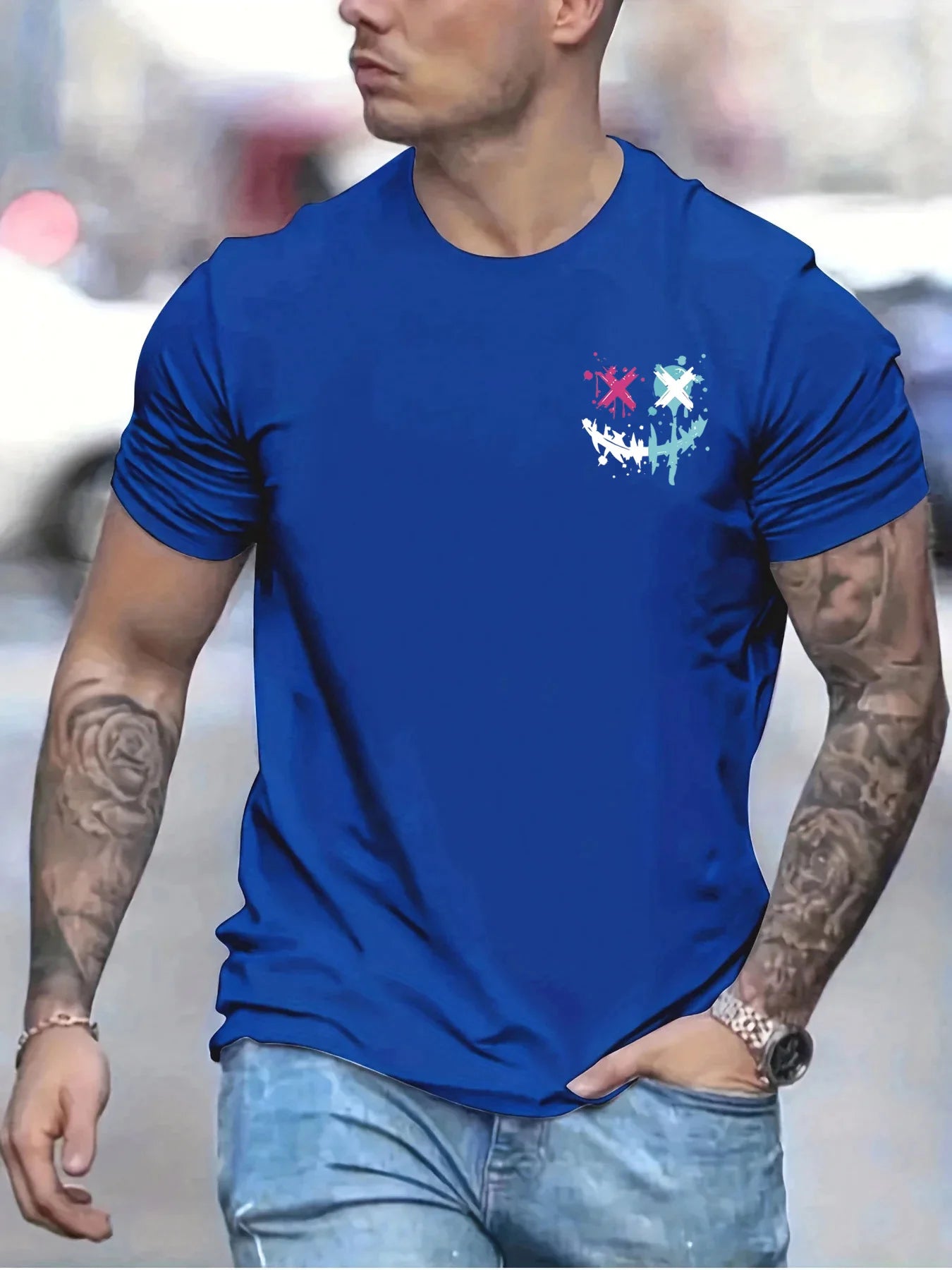 Men's summer 100 cotton fashionable casual sports loose smiling face pattern printed round neck short sleeved T-shirt top