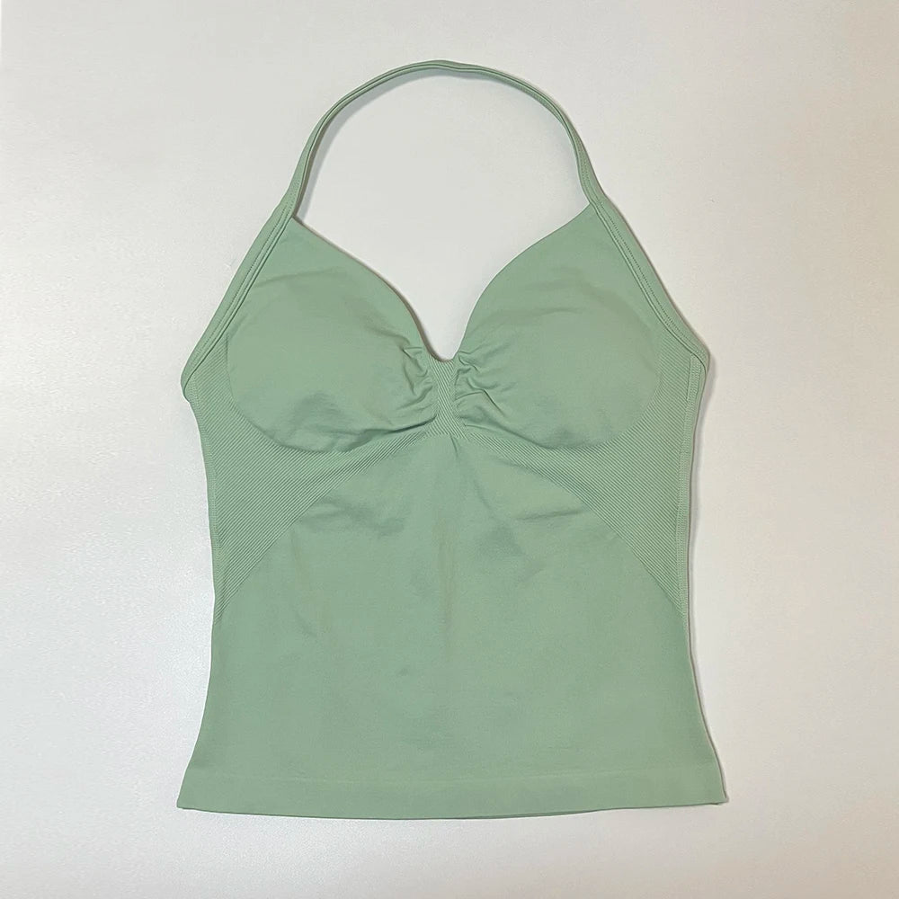 Longline Strappy Gym Top Women Sports Vest Backless Yoga Shirt Scrunch Built in Bra With Cups Halter Fitness Workout Tank Top