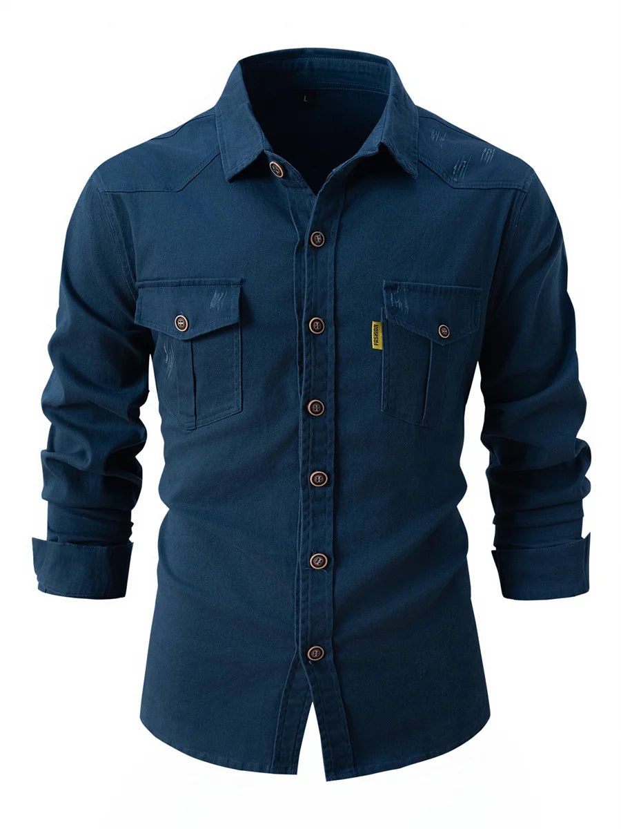Men's autumn and winter new elastic washed cotton and linen long-sleeved shirt European size casual business lapel fashion tops