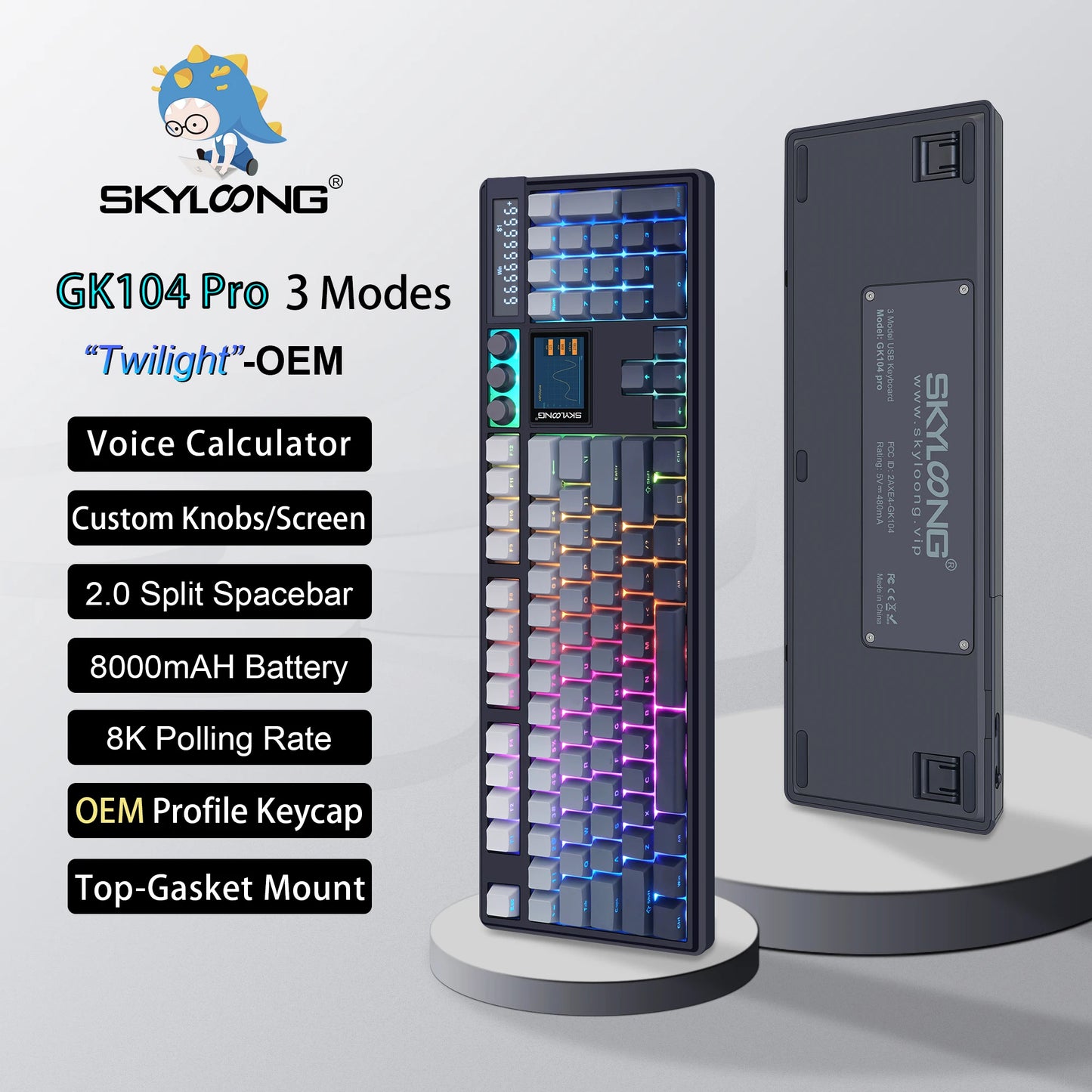 SKYLOONG GK104 Pro Mechanical Keyboard Wireless 3-Modes Gaming Keyboard with Knobs/Screen RGB PBT Keycap Hot-swap Silent Switch