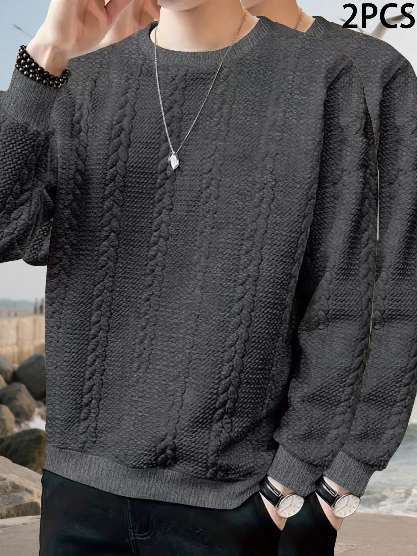 Autumn men's new round neck jacquard checkered high-end boutique fashion long sleeved polo shirt casual solid color warm T-shirt