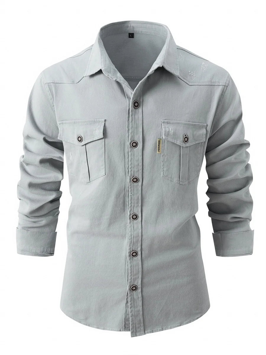 Men's autumn and winter new elastic washed cotton and linen long-sleeved shirt European size casual business lapel fashion tops