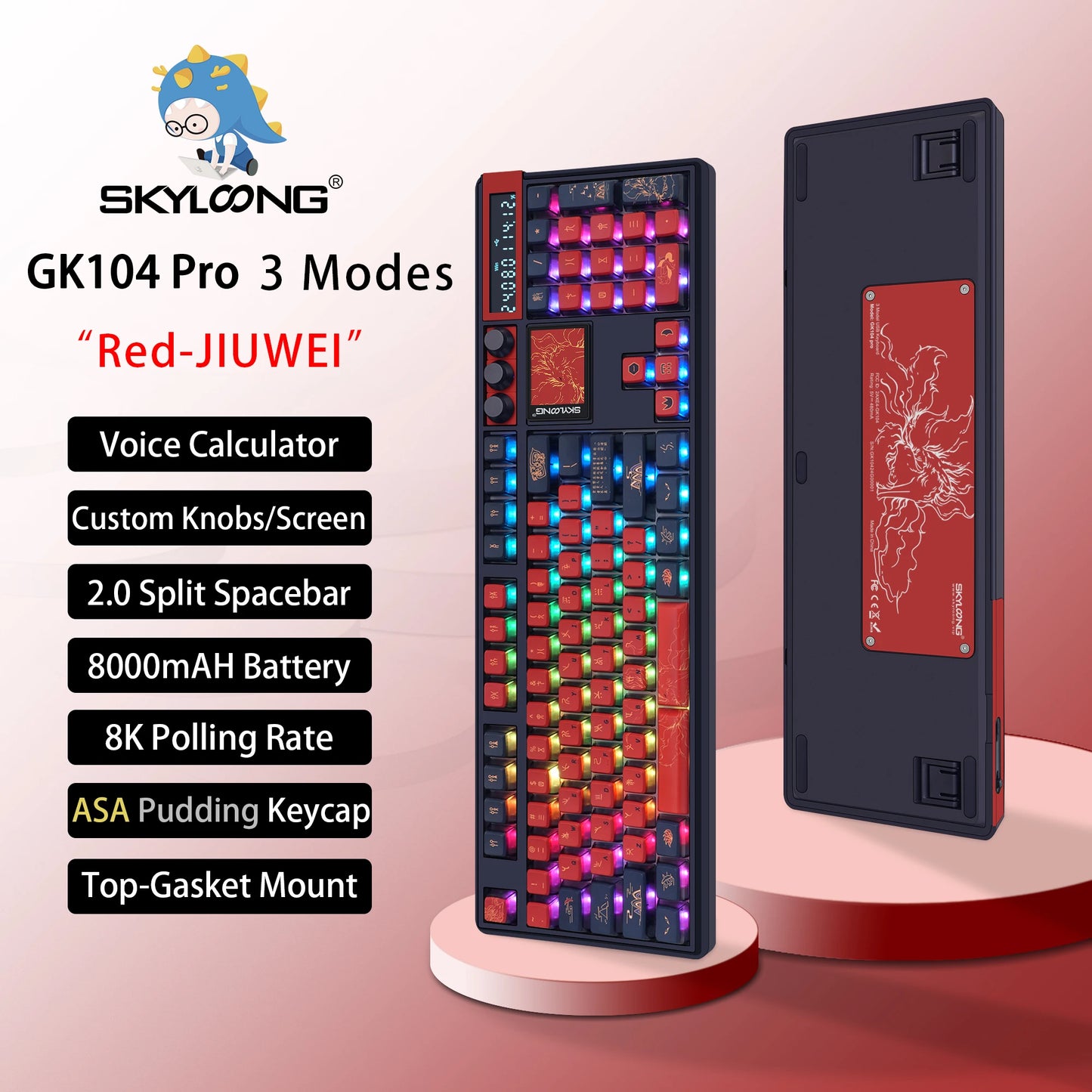 SKYLOONG GK104 Pro Mechanical Keyboard Wireless 3-Modes Gaming Keyboard with Knobs/Screen RGB PBT Keycap Hot-swap Silent Switch